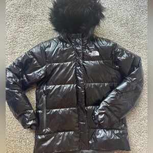 The North Face Black Shiny Puffer Coat with Faux Fur Hood